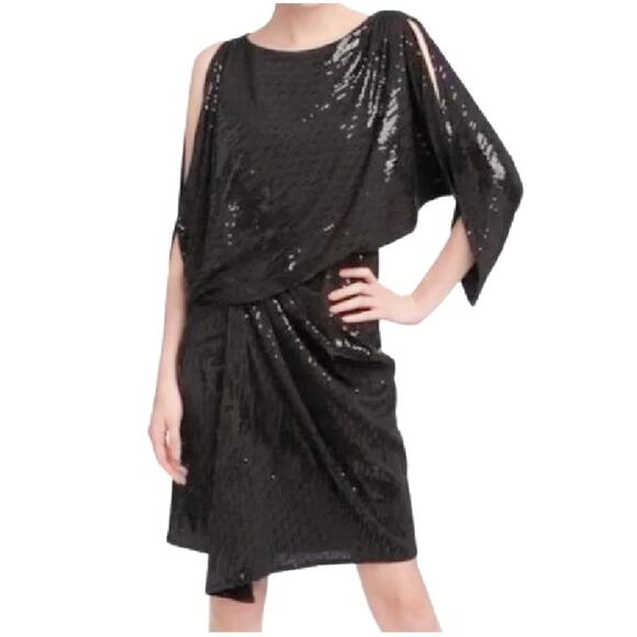 David Meister Black Sequin Draped Slit Sleeve Cocktail Dress Blouson - Picture 1 of 9